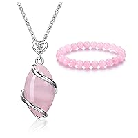 Jovivi Bundle of Rose Quartz Teardrop Crystal Necklace and Rose Quartz Stone Beads Bracelet for Women