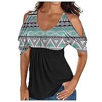 Plus Size Womens Ethnic Babydoll Cold Shoulder Tops Summer Batwing Short Sleeve Spaghetti Strap Crewneck Shirts