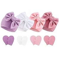 BQUBO Newborn Baby Hats Mittens Set Hospital Hat Beanie Infant Bow Hats Baby Gloves No Scratch Mittens for 0-6 Months