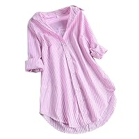 Womens Deep V Neck Striped Long Sleeve Button Down Plus Size Shirts