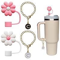 2PCS Straw Cover for Stanley Cup 30&40 Oz 10mm Flower Silicone Straw Topper Protector Lid with 2PCS Initial Personalized Letter Charm Stanley Cup Accessories (2PCS Letter C+2PCS Flowers)