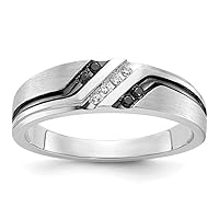 14k White Gold With Black Rhodium Mens Polished Satin and Grooved 1/8 Carat Black And White Diamond Jewelry for Men