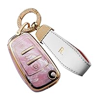 SANRILY Golden-edge Jade Pattern Flip Key Fob Cover for Audi Q3 Q7 A3 A1 TT R8 Accessories Keyless 3 Button Key Fob Case Shell with Keychain Pink