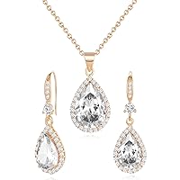 Women Jewelry Set Silver/Gold Plated Teardrop Pendant Necklace Dangle Drop Earrings Dangling Sets Birthstone Crystals Rhinestone,Birthday Anniversary Wedding Mother’s Day Gifts for Women