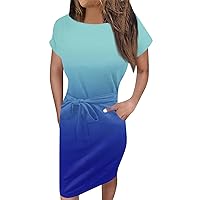 Summer Spring Short Sleeve T Shirt Dress Casual Plus Size Midi Dress with Pockets Trendy Tie Waist Knee Length Dress