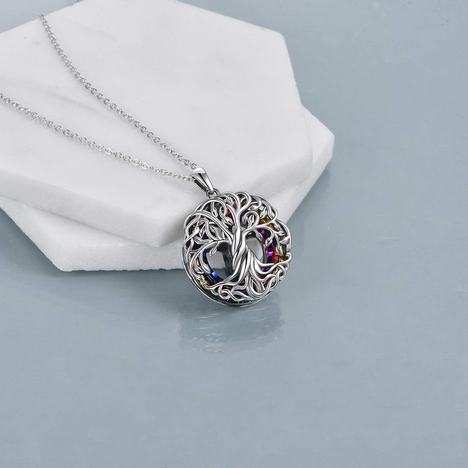 TOUPOP Cremation Jewelry s925 Sterling Silver Tree of Life Urn Necklace Keepsake Ashes Hair Memorial Locket with Circle Crystal w/Funnel Filler for Women Girls Friends