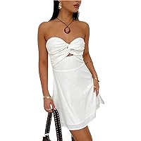 Women Strapless Bodycon Tube Dress Twist Front Backless Mini Dress Solid Fashion A Line Bandeau Short Dresses