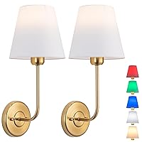 2-Pack Vintage Battery Operated Wall Sconce with Remote Control Dimmable, Battery Powered Wall Light with White Fabric Lamp Shade, Industrial Wall Mounted Fixture (Gold)