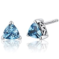 Peora Swiss Blue Topaz Stud Earrings 925 Sterling Silver, Solitaire Scroll Gallery, 1.50 Carats Total Trillion Cut 6mm, Friction Back