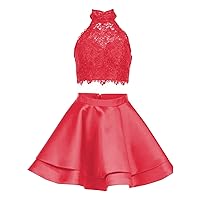 Women's Satin Lace Halter Short Prom Dress 2 Pieces Homecoming Dresses