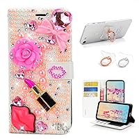 STENES Bling Wallet Case Compatible with iPod Touch 5 / iPod Touch 6 - Stylish - 3D Handmade Lips Lipstick Flowers Bowknot Leather Cover with Ring Stand Holder [2 Pack] - Pink