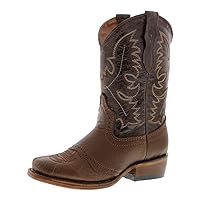 Kids Grizzly Cognac Western Cowboy Boots Leather Solid Square Toe Botas