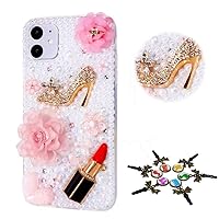 STENES Sparkle Phone Case Compatible with T-Mobile REVVL 6X 5G Case - Stylish - 3D Handmade Bling Girls High-Heel Lipstick Rose Flowers Rhinestone Crystal Diamond Design Girls Women Cover - Pink