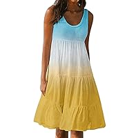 Womens Casual Dress Summer Gradient Tank Flowy Beach Dress Loose Fashion Swing Sundress Sleeveless Tiered Ruffle Dress