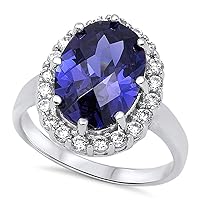 Simulated Tanzanite Solitaire Oval Halo Elegant Ring Sterling Silver Band Sizes 6-10