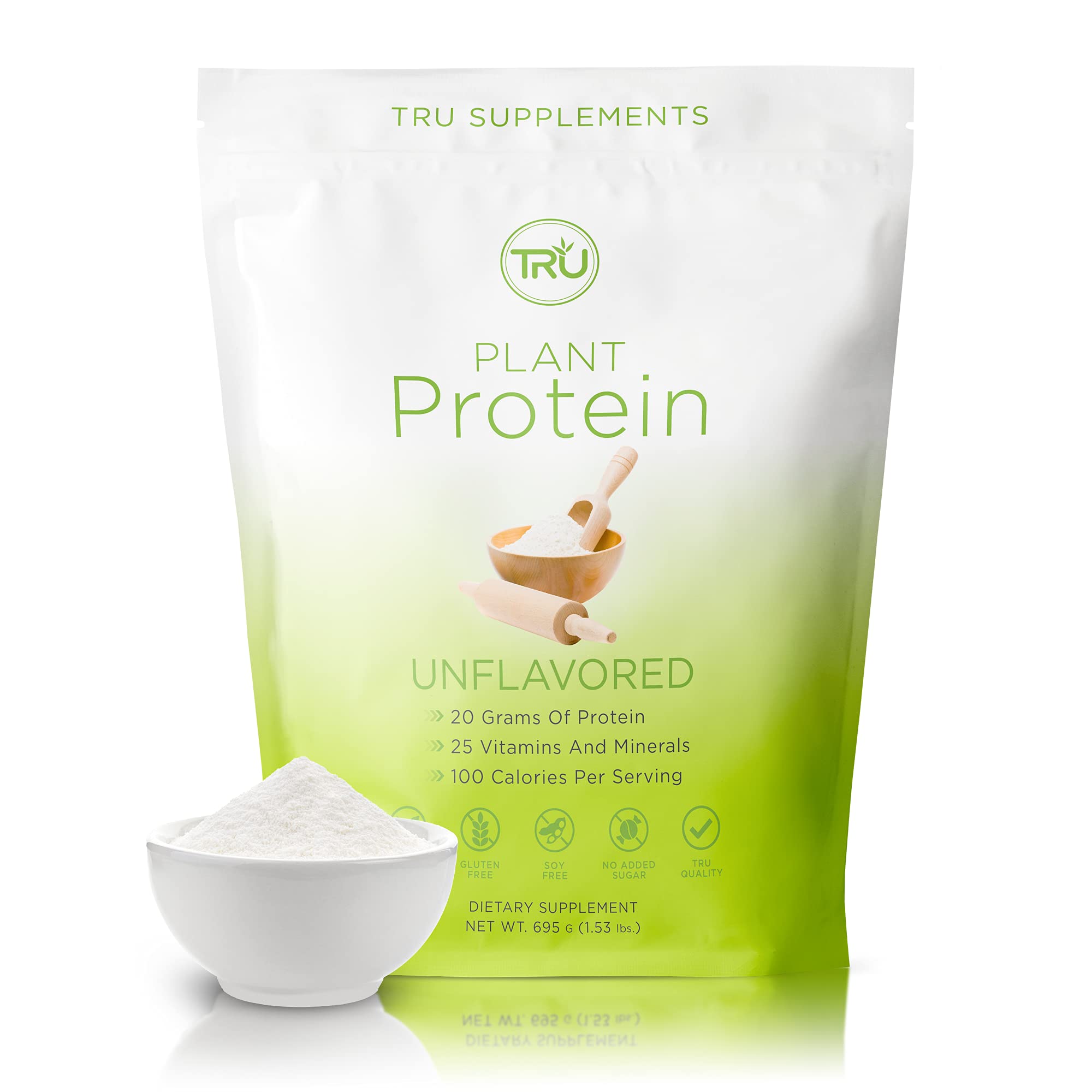 TRU Plant Based Protein Powder, BCAA, EAA, 20g Vegan Protein, 100 Calories, 27 Vitamins, No Artificial Sweeteners 25 Servings (Unflavored & Unsweet...