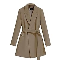 Womens Fashion Belted Blazer Open Front Long Sleeve Office Blazer Bussiness Casual Jackets Work Suit with Pocket Coats