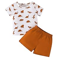 Infant Baby Boys' Suit Dinosaur Print Short Sleeved Top Solid Color Pants Summer Casual 2PC Boys 9 Months