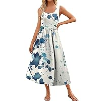 Petite Summer Dresses for Women, 2024 Spring Casual Flutter Sleeveless Square Neck Elastic Waist Print Midi Dress Plus Size Soft Surroundings Womens Clothing Dresses Casual (XXL, Blue)