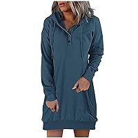 Outdoor Holiday Cool Solid Polyester Tunic Dress Ladys with Buttons Tunic Dress Long Sleeve Shift Hip Loose