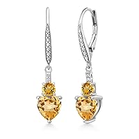 Gem Stone King 925 Sterling Silver Yellow Citrine and White Lab Grown Diamond Drop Dangle Earrings For Women (2.54 Cttw, Heart Shape 7MM, Round 4MM)