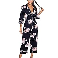 Women's 2 Piece Floral Pjs Sets Sexy Deep V Neck Belted Robe with Capri Pants Casual Loose Pajama Set Loungewear