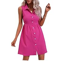 2023 Women's Dresses Solid Button Front Shirt Dress Women's Dresses (Color : Hot Pink, Size : Large)