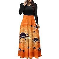 Womens Halloween Castle Dress 2023 Casual Stitch Long Sleeve Round Neck Club Party Dresses High Waist Shirt Dress
