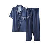 Men Silk Striped Pajamas Sets Large Comfy Casual Loungewear Sets for Men Short Sleeves Button-Down Pajamas Set