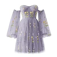 UZN Women's Puffy Sleeve Flower Embroidery Tulle Homecoming Dresses Short for Teens Mini Formal Prom Gowns