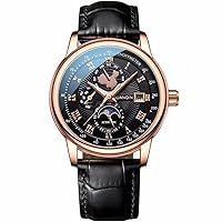 GUANQIN Men's Calendar Moon Phase Vintage Watch Analogue Automatic Mechanical Self-Winding Stylish Watch Steel or Leather Strap Sapphire Waterproof Luminous Business Watch