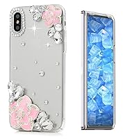 STENES Sparkle Case Compatible with Samsung Galaxy Z Fold 5 5G Case - Stylish - 3D Handmade Bling Flower Floral Rhinestone Crystal Diamond Design Girls Women Cover - Pink