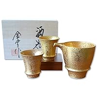 Sake set 3 pcs Porcelain Ceramic Made in Japan Arita Imari ware 1 pc Sake Pitcher 9.1 fl oz and 2 pcs Cups KINSAI GOLD