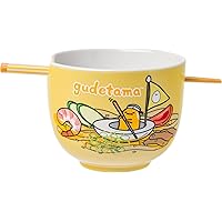 Silver Buffalo Sanrio Hello Kitty and Friends Gudetama Lazy Egg Sailing In Ramen Ceramic Ramen Noodle Rice Bowl with Chopsticks, Microwave Safe, 20 Ounces