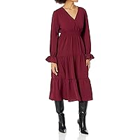 KOJOOIN Women's Casual Wrap V Neck Midi Dress Long Sleeve Smocked Waist Tiered A Line Pleated Flowy Long Dress Deep Burgundy M-