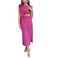 Summer Dresses for Women 2022 Shoulder Pad Twist Front Cut Out Split Thigh Dress (Color : Red Violet, Size : Medium)
