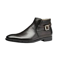 Mens Ankle Boots Leather Strap Buckle Boots Side Zip Brown Business Dress Casual Boots For Men