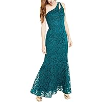Women's Lace Solid Sleeveless Asymmetrical Neckline Full-Length Fit + Flare Evening Dress Green Size 5