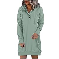 Outdoor Holiday Cool Solid Polyester Tunic Dress Ladys with Buttons Tunic Dress Long Sleeve Shift Hip Loose