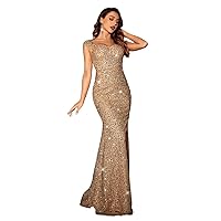 Prom Dress Zip Back Mermaid Hem Sequin Dress Prom Dress (Color : Champagne, Size : Medium)