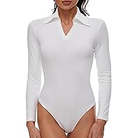 Long Sleeve Bodysuits for Women Ribbed Knit Bodysuit V Neck Body Suits for Womens Blouse Collared Shirt Top