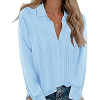 VVK Womens Short Sleeve Cotton Linen Shirts Casual Collared Button Down Shirt V Neck Pleated Tops Casual Blouses
