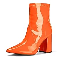 mysoft Women's GoGo Boots Mid Calf Block Heel Ankle Boots Pointed Toe Patent Leather Side Zipper Booties