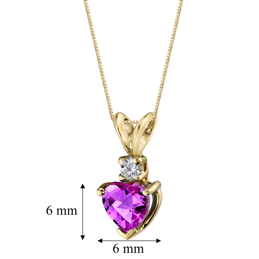 Peora Created Pink Sapphire with Genuine Diamond Pendant in 14 Karat Yellow Gold, Heart Shape Solitaire, 6mm, 1.15 Carats total
