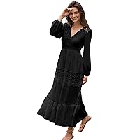 Long Sleeve Maxi Dress for Women V Neck Lace Boho Dress Flowy Fall Wedding Guest Dresses with Pockets