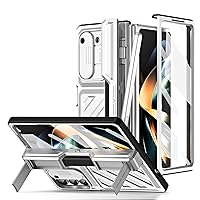 for Samsung Galaxy Z Fold 5 4 5G Case Built-in Screen Protector & Kickstand,Full Hinge & Camera Protection with S Pen & Holder,Heavy Duty Shockproof Fold5 Luxury Cases Cover (Silver,Z Fold 5)