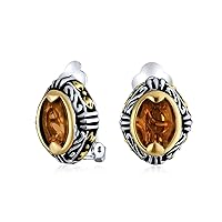 Bali Style Brown Cognac Crystal Oval Two Tone Clip On Earrings For Women Non Pierced Silver Gold Plated Brass