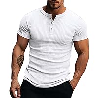Mens Ribbed Henley Shirt Short Sleeve Slim Fit Casual Stretch Button Up Muscle Shirts Summer Solid Color Basic T Shirt