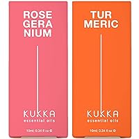 Rose Geranium Oil for Skin & Turmeric Oil for Hair Growth Set - 100% Nature Therapeutic Grade Essential Oils Set - 2x0.34 fl oz - Kukka