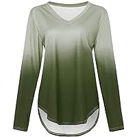Fall Ombre Long Sleeve Shirt for Women Fashion V Neck Gradient Tshirts Casual Loose Stretch Comfy Pullover Tunic Tops